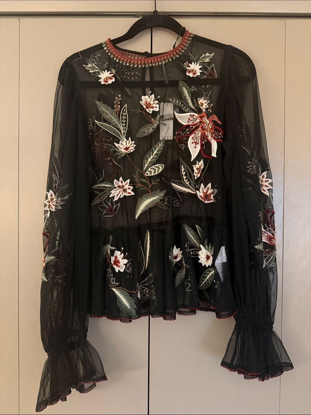 Anthropologie Black Sheer Floral-Embroidered Long Sleeve Blouse - Picture 2 of 6